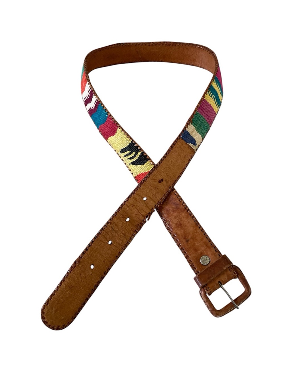 Vintage Guatemalan Handwoven Whipped Stitched Belt Colorful & Leather